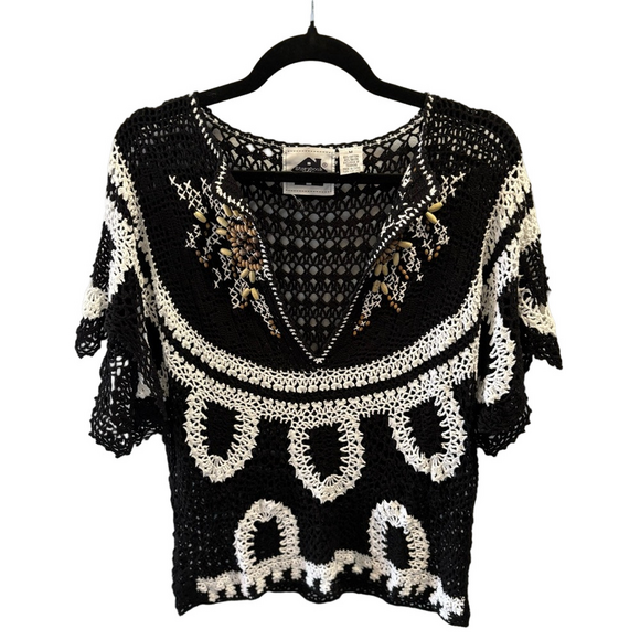 Storybook Knits Sweaters - STORYBOOK KNITS Vintage M Beaded Crochet Sweater Sculpted Cap Sleeve Deep V-Neck